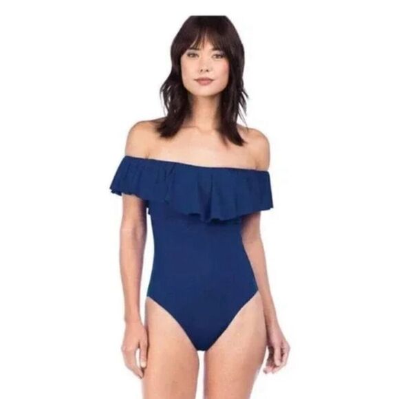 New. Trina Turk navy off shoulder ruffle top. Size 8. Retails $148 - Picture 9 of 11